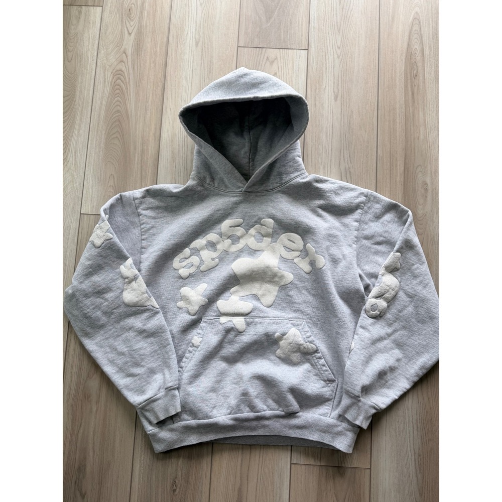Sp5der Hoodie Mens Size L Grey Puff Print Star Graphic Pullover Sweatshirt